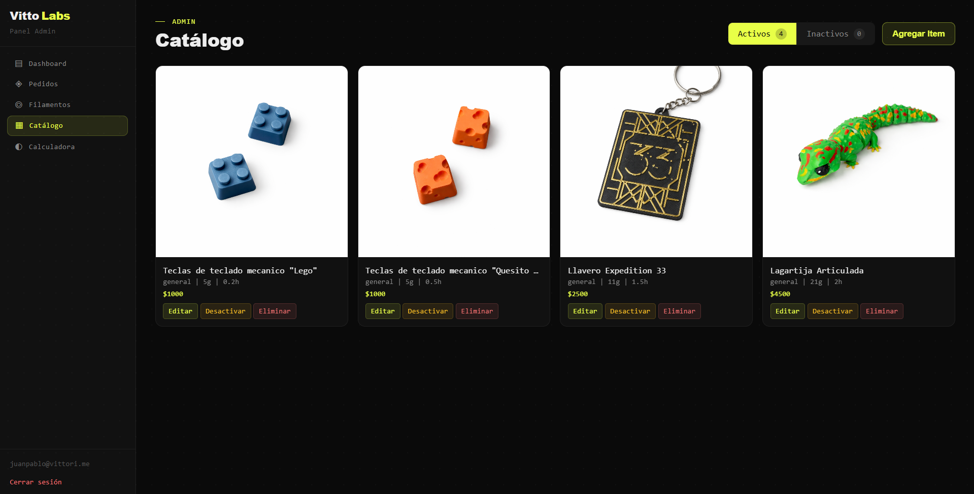 Panel admin — catálogo de productos propio